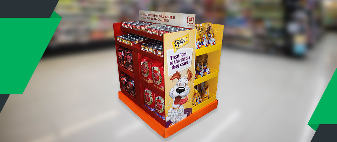 a display of dog treats in a grocery store