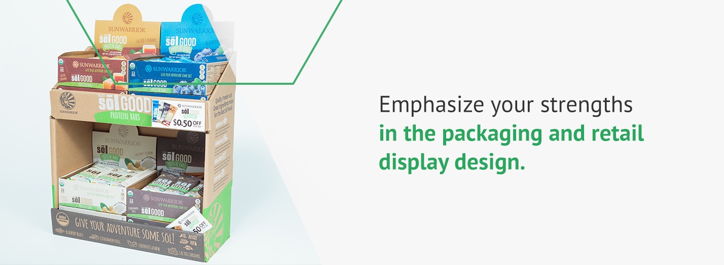 Emphasizing strenghts in packaging and retail display design with a picture of a Sunwarrior display