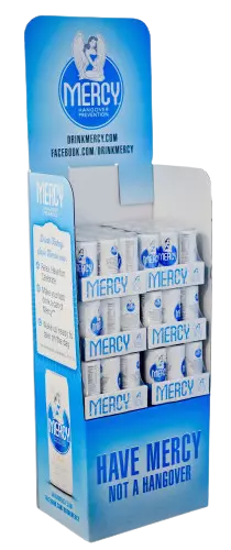 a display of mercy drinks that say have mercy not a hangover