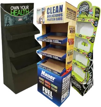 three cardboard display stands with one that says clean delicious protein bars