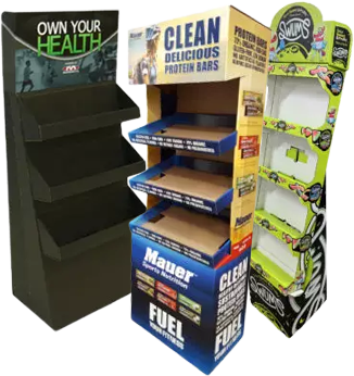 three cardboard display stands with one that says clean delicious protein bars