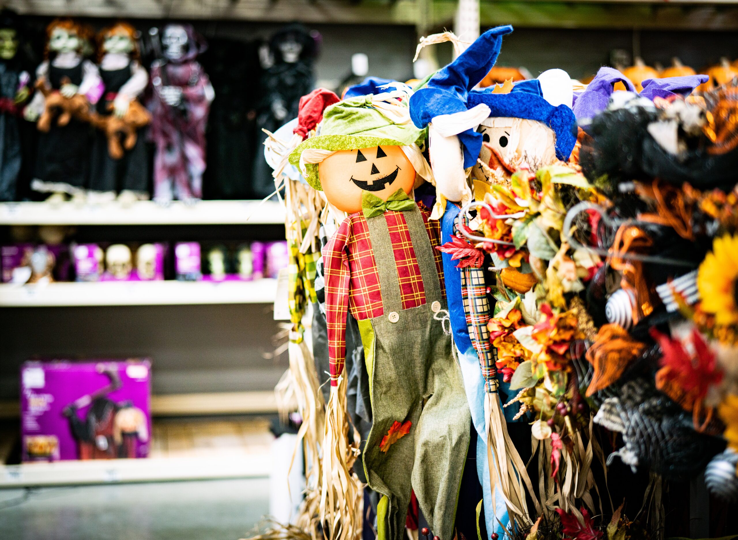 Halloween scarecrows in a retail store