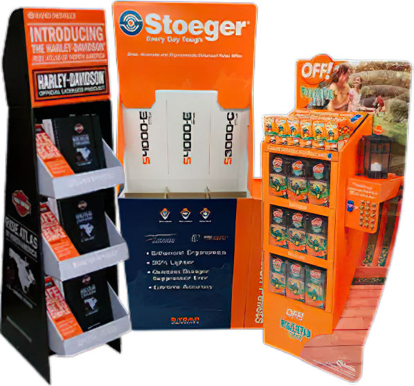 a harley davidson display stands next to a stoeger display