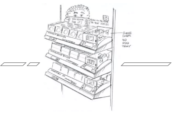 a drawing of a store shelf with a hedgehog on top of it
