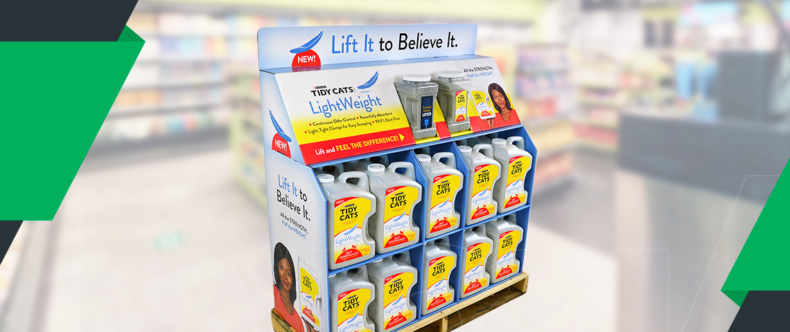 a custom display for Tidy Cats highlighting their new product 